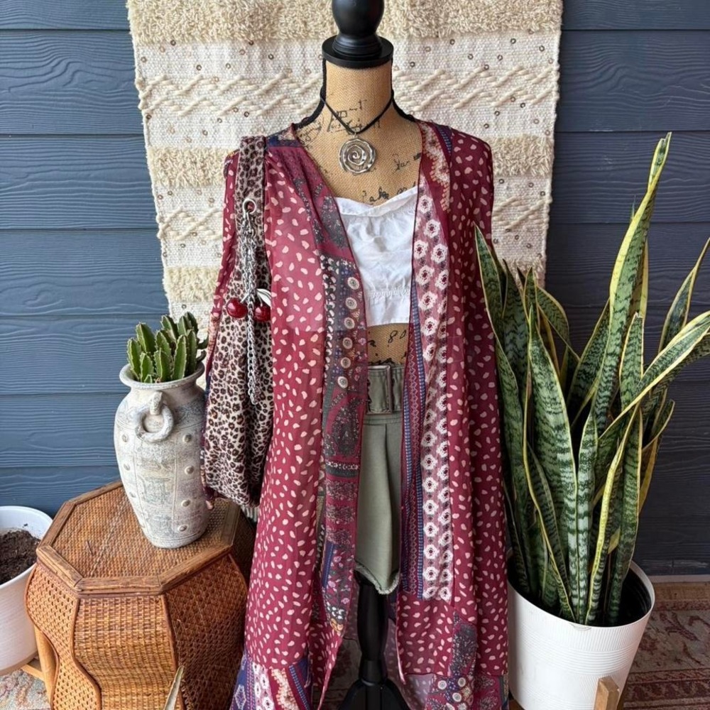 Patchwork & paisely print burgundy and purple boho kimono with a bohemian vibe